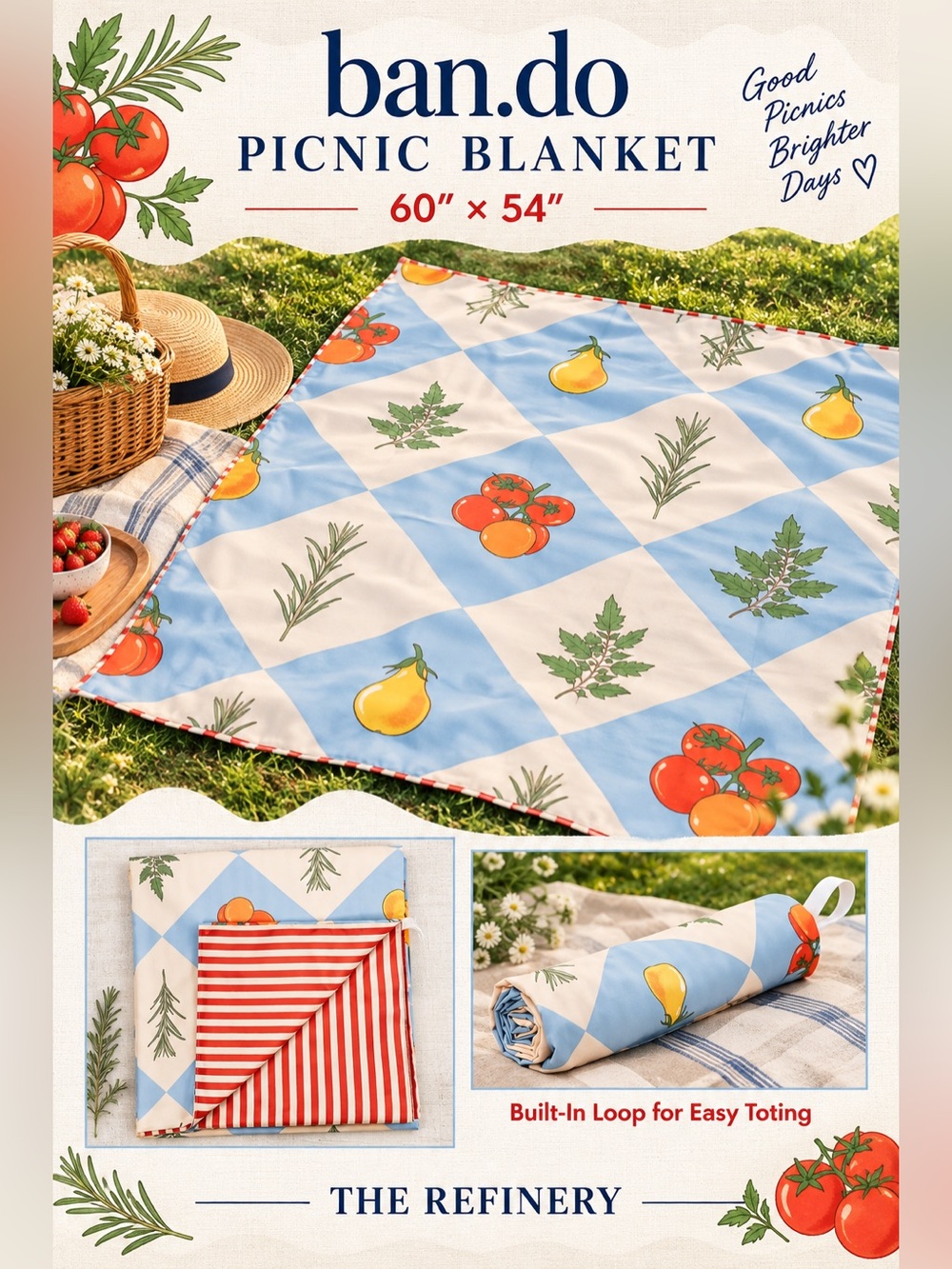 ban.do Blue & White Picnic Blanket with Yellow Pears and Orange Fruit Motifs new